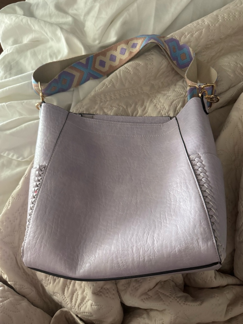 Lilac Shoulder Bag with Patterned Strap